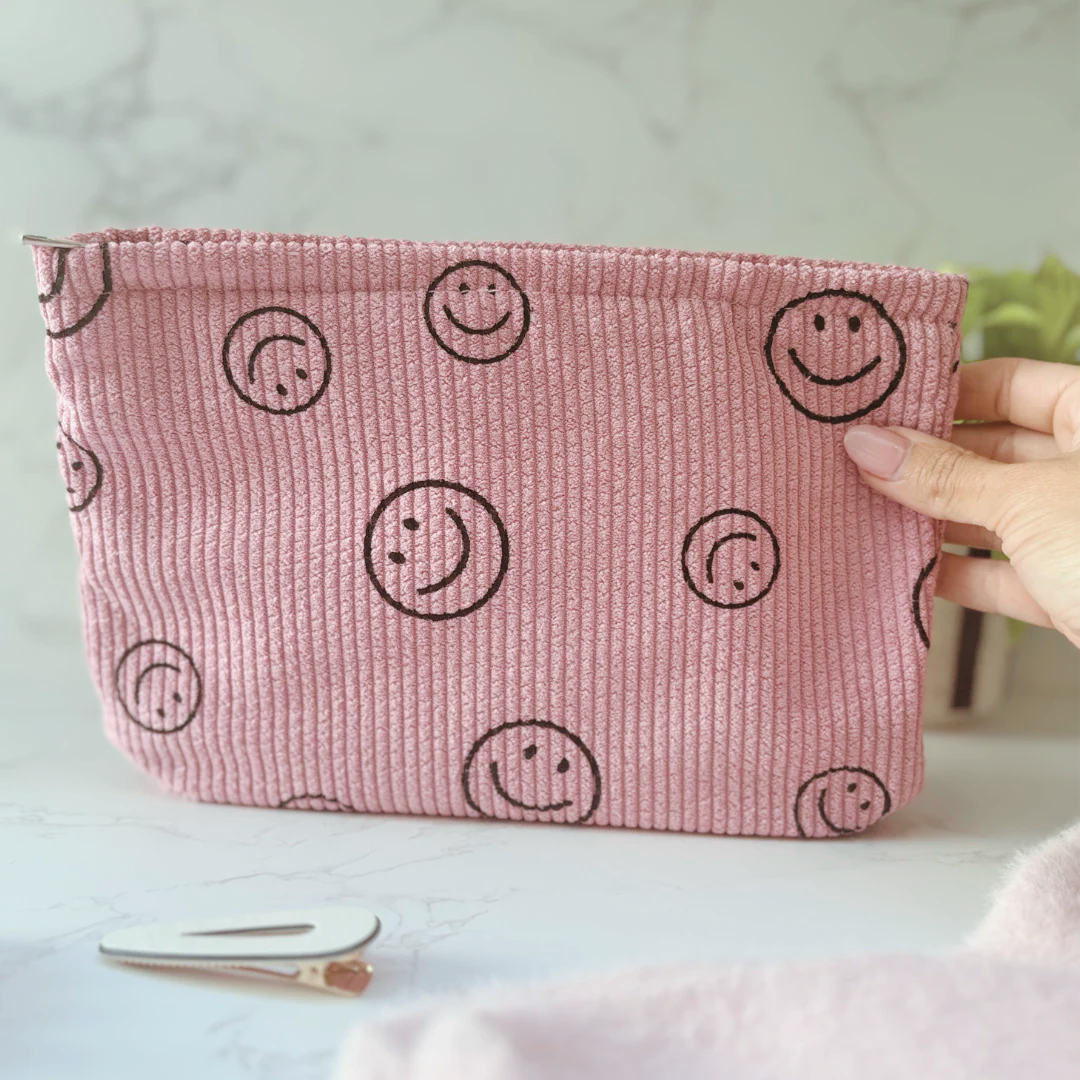 Pink Smiley Face Corduroy Cosmetics Bag
