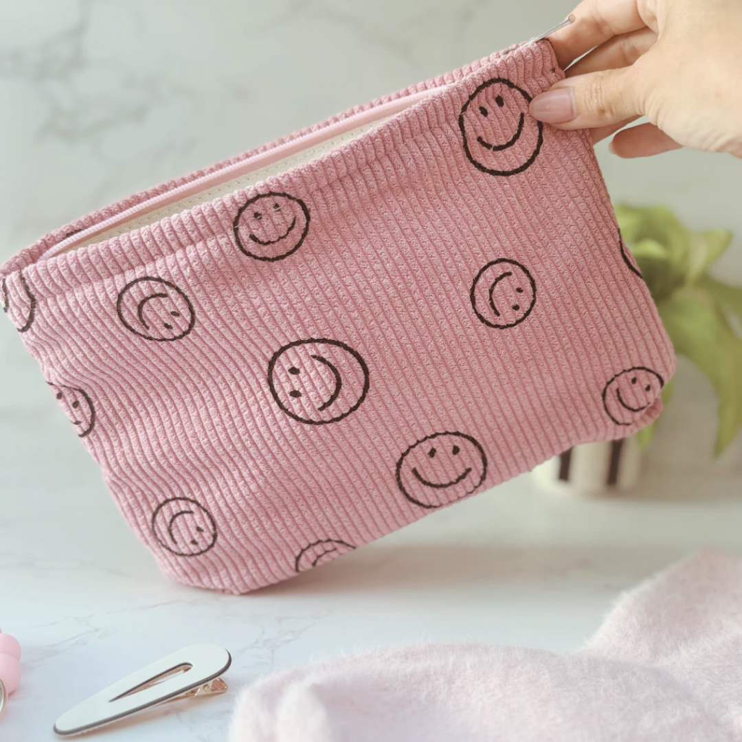 Pink Smiley Corduroy Cosmetics Bag