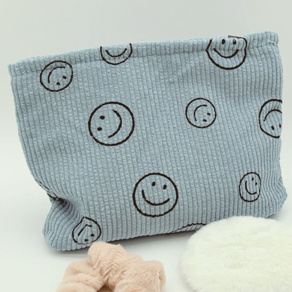 Blue Smiley Face Corduroy Cosmetics Bag