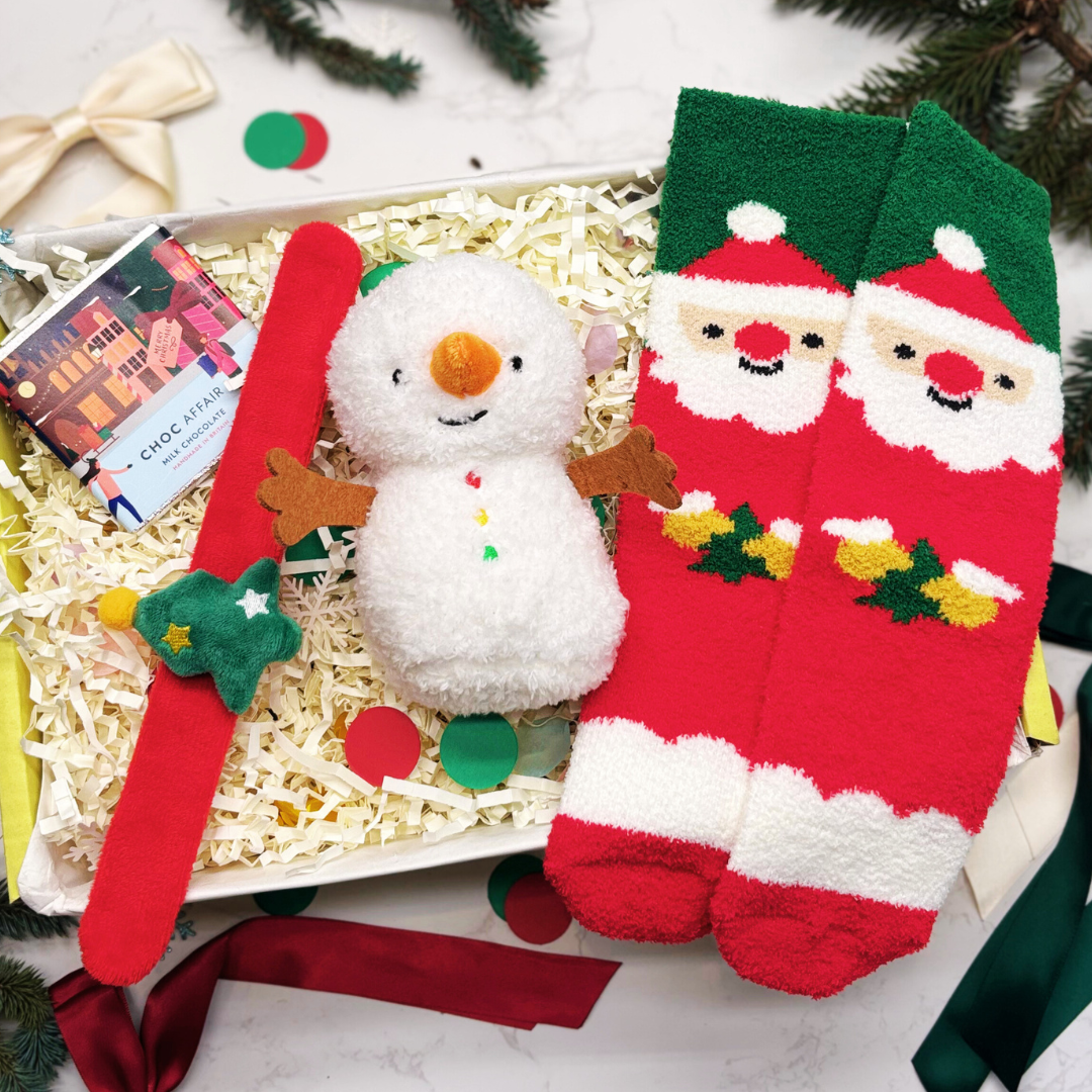 Baby’s First Christmas Gift Box – Snowman Toy, Festive Socks &amp; Snap Band for Baby or Toddler