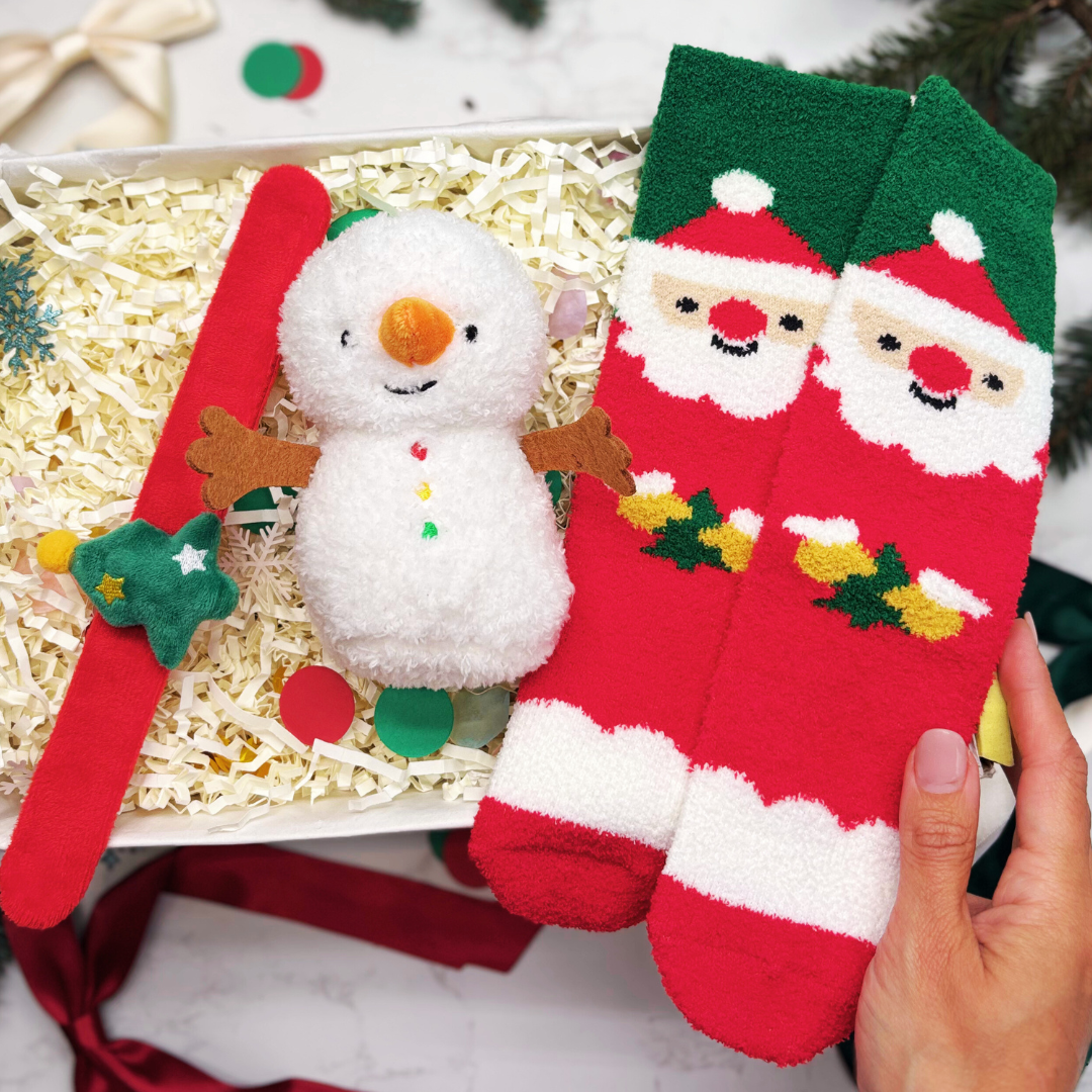 Baby’s First Christmas Gift Box – Snowman Toy, Festive Socks &amp; Snap Band for Baby or Toddler