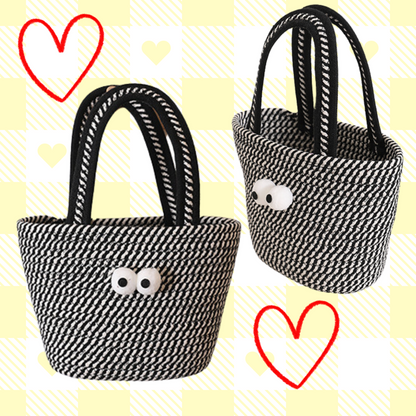 Black and White Straw Bag with Eye Detail