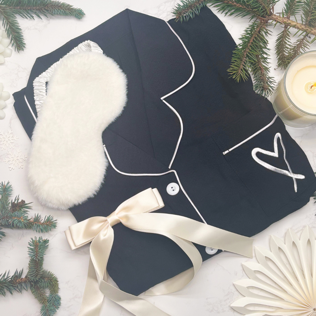 Luxury Monochrome Pyjamas Gift Box – Chic Black Christmas PJ Set with Eye Mask & Satin Bow