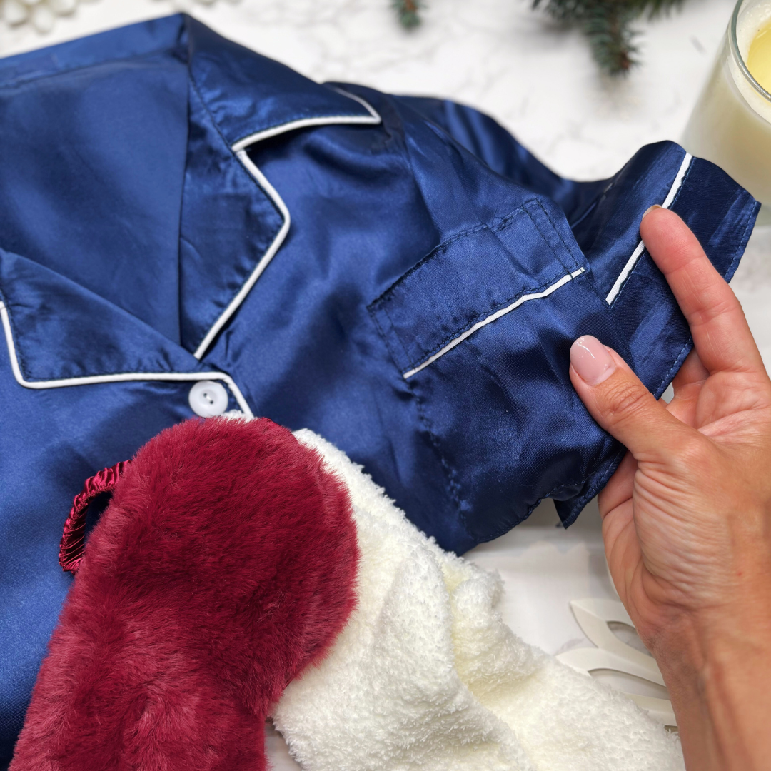 Festive Luxury Pyjama Gift Box – Satin Christmas PJs, Candle, Socks &amp; Accessories for Her - ROYAL BLUE