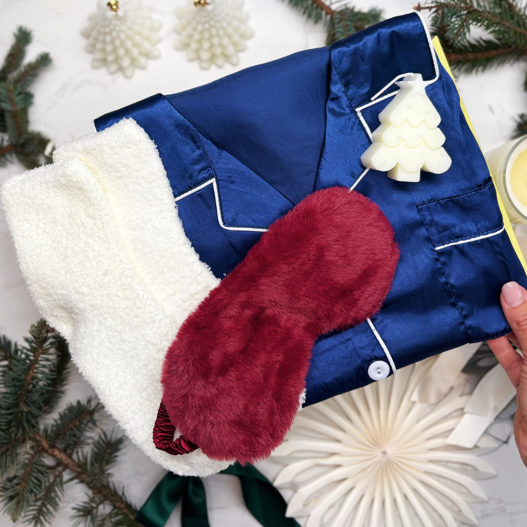Festive Luxury Pyjama Gift Box – Satin Christmas PJs, Candle, Socks &amp; Accessories for Her - ROYAL BLUE