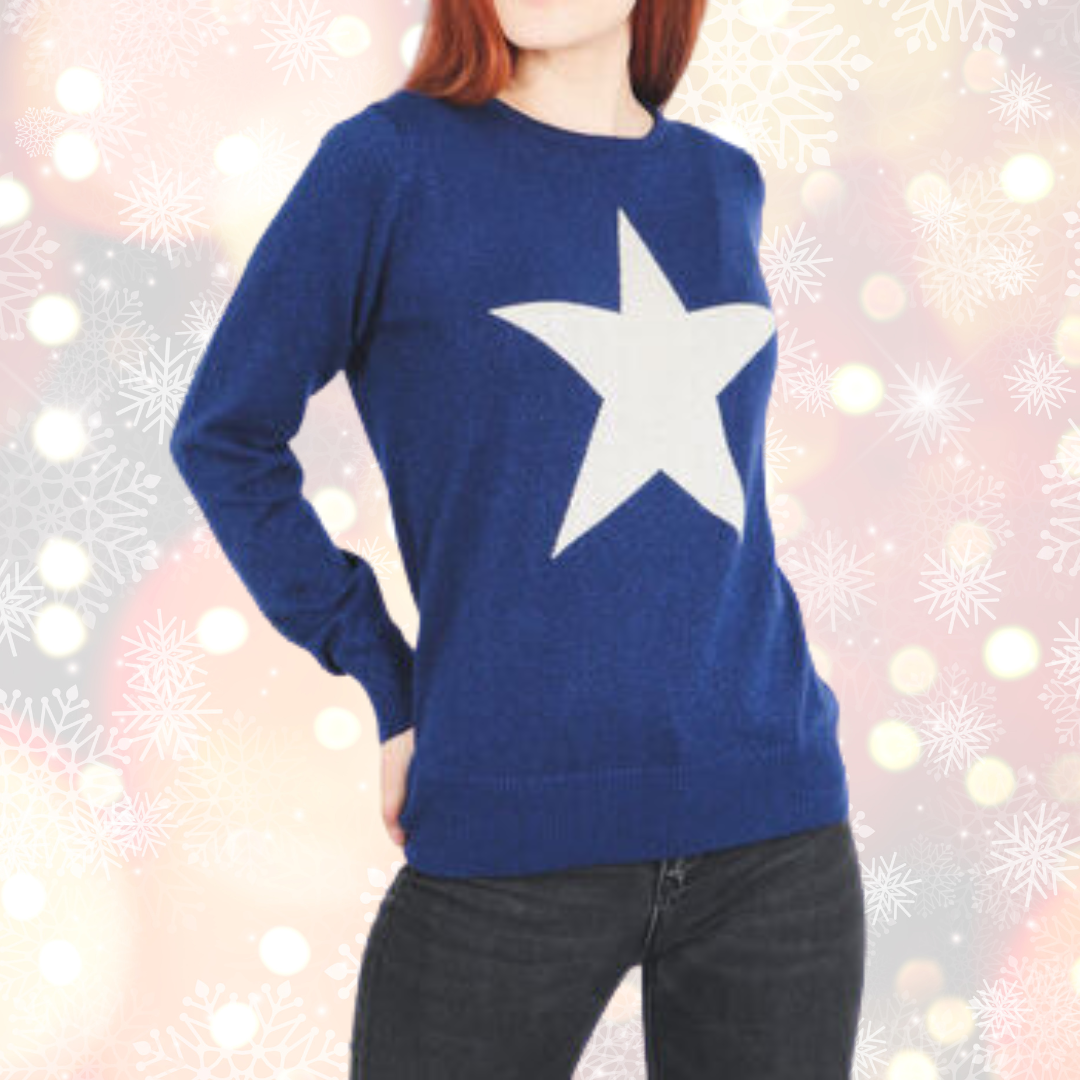 Christmas Jumper in Navy with Silver Star Detail