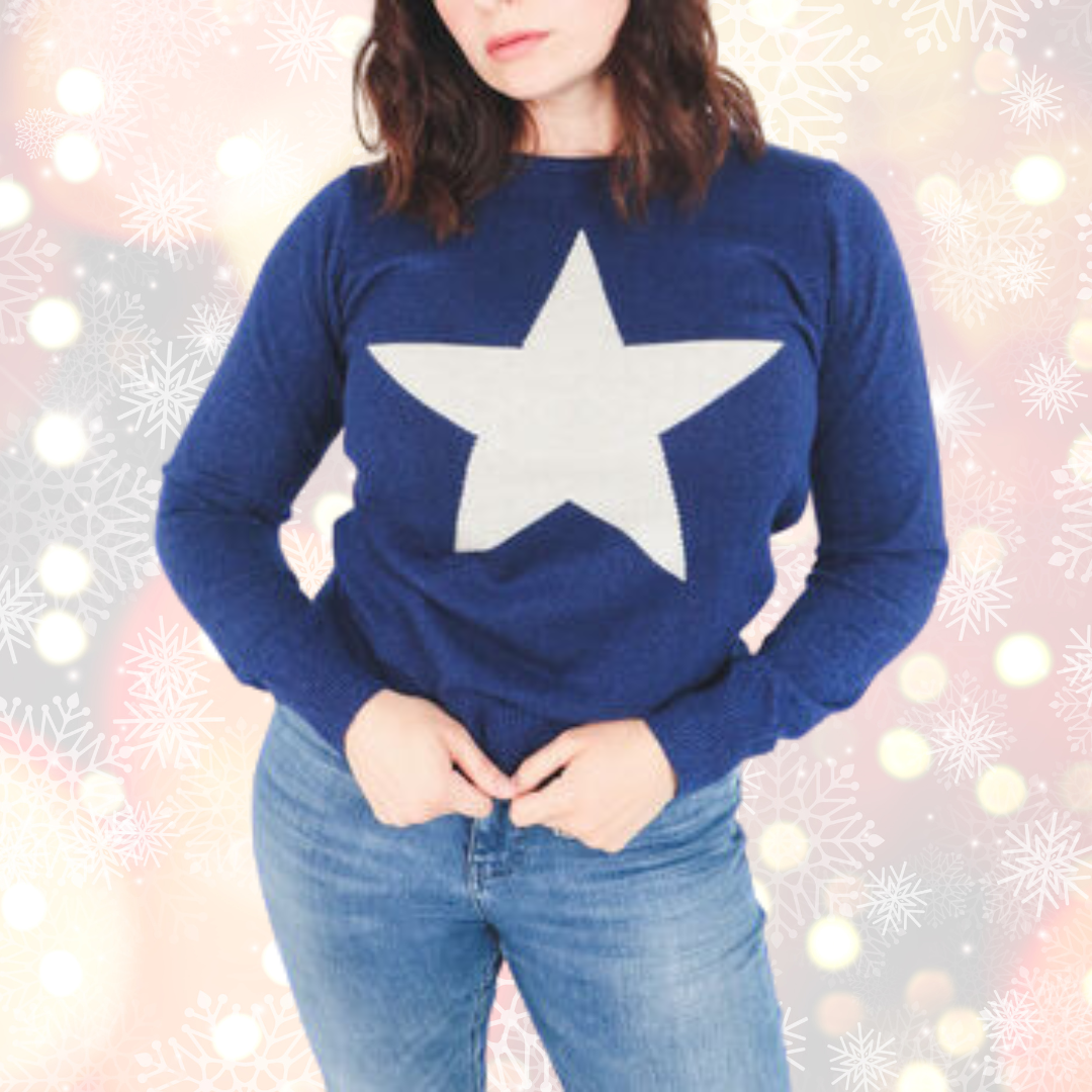 Christmas Jumper in Navy with Silver Star Detail