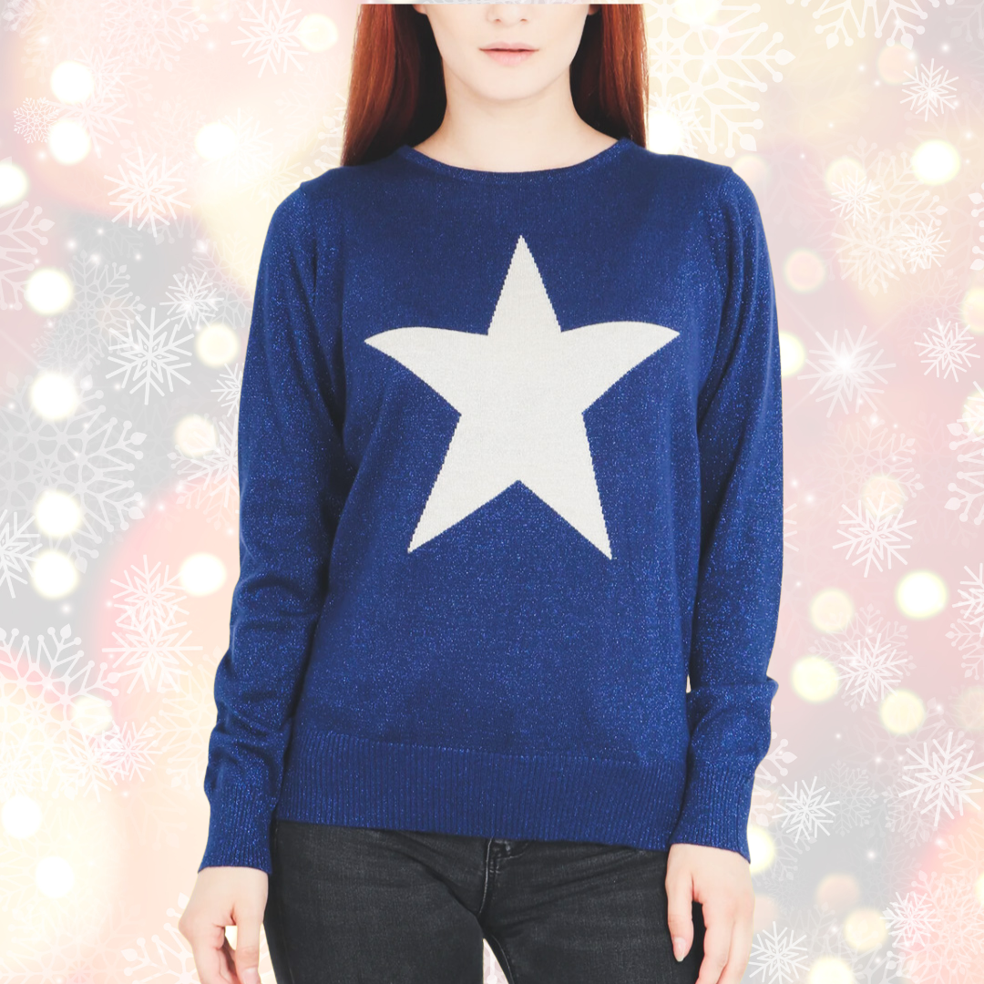 Christmas Jumper in Navy with Silver Star Detail