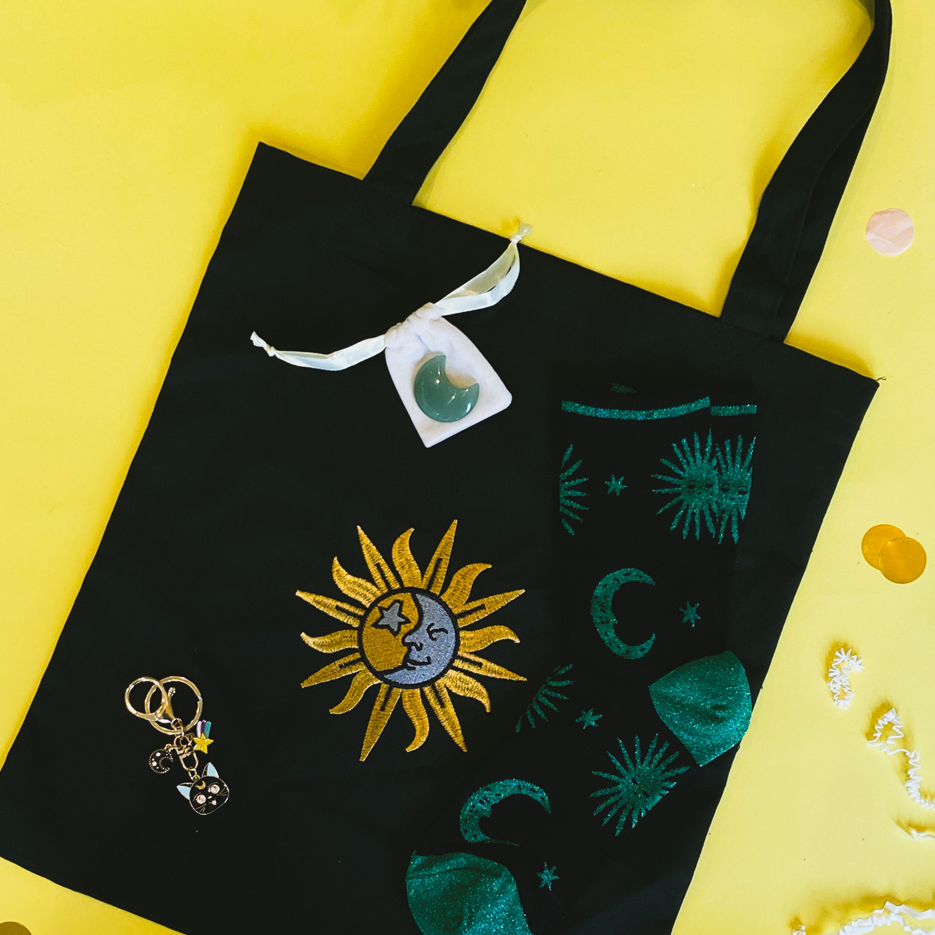 Sun and Moon embroidered tote bag