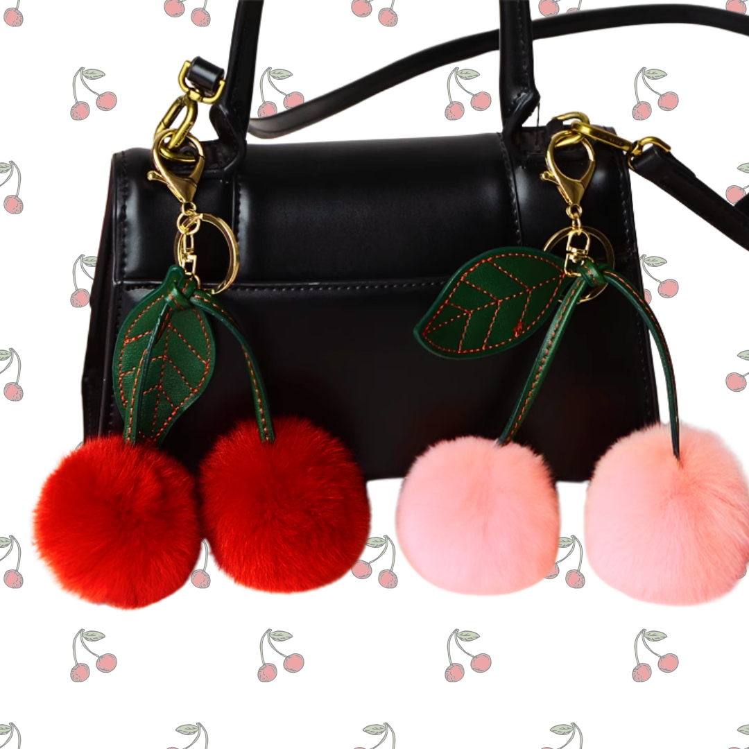 Cherry Fluffy Bag Charm - Fabulous Faux Fur Keyring - PINK