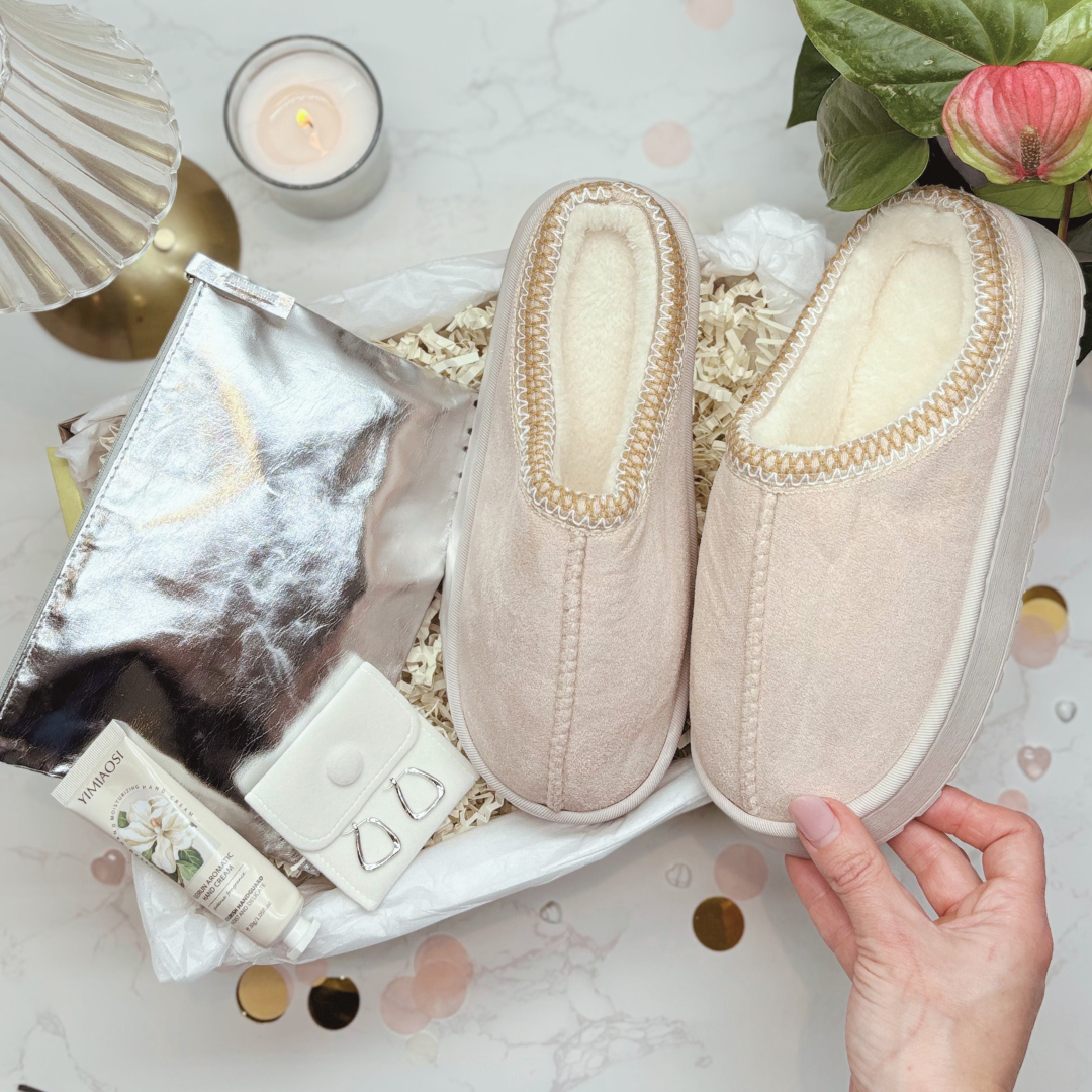 Cosy Self Care Gift For Her – Slippers, Gold Earrings, Makeup Bag & Hand Cream (SILVER)