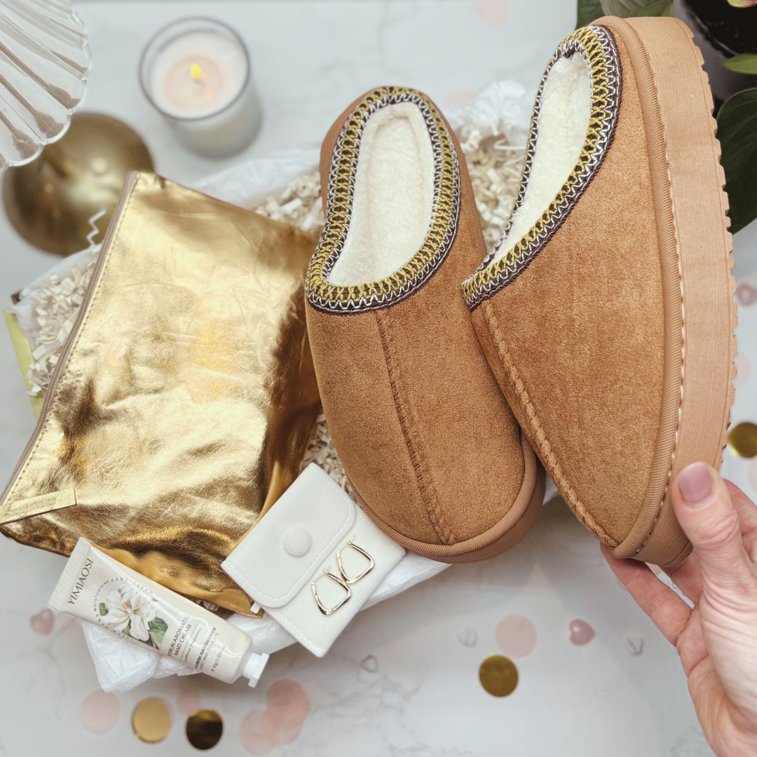 Cosy Self Care Gift For Her – Slippers, Gold Earrings, Makeup Bag &amp; Hand Cream (GOLD)