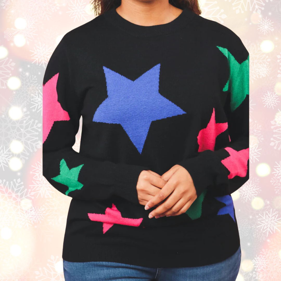 Christmas Jumper Multicoloured Star Print Black