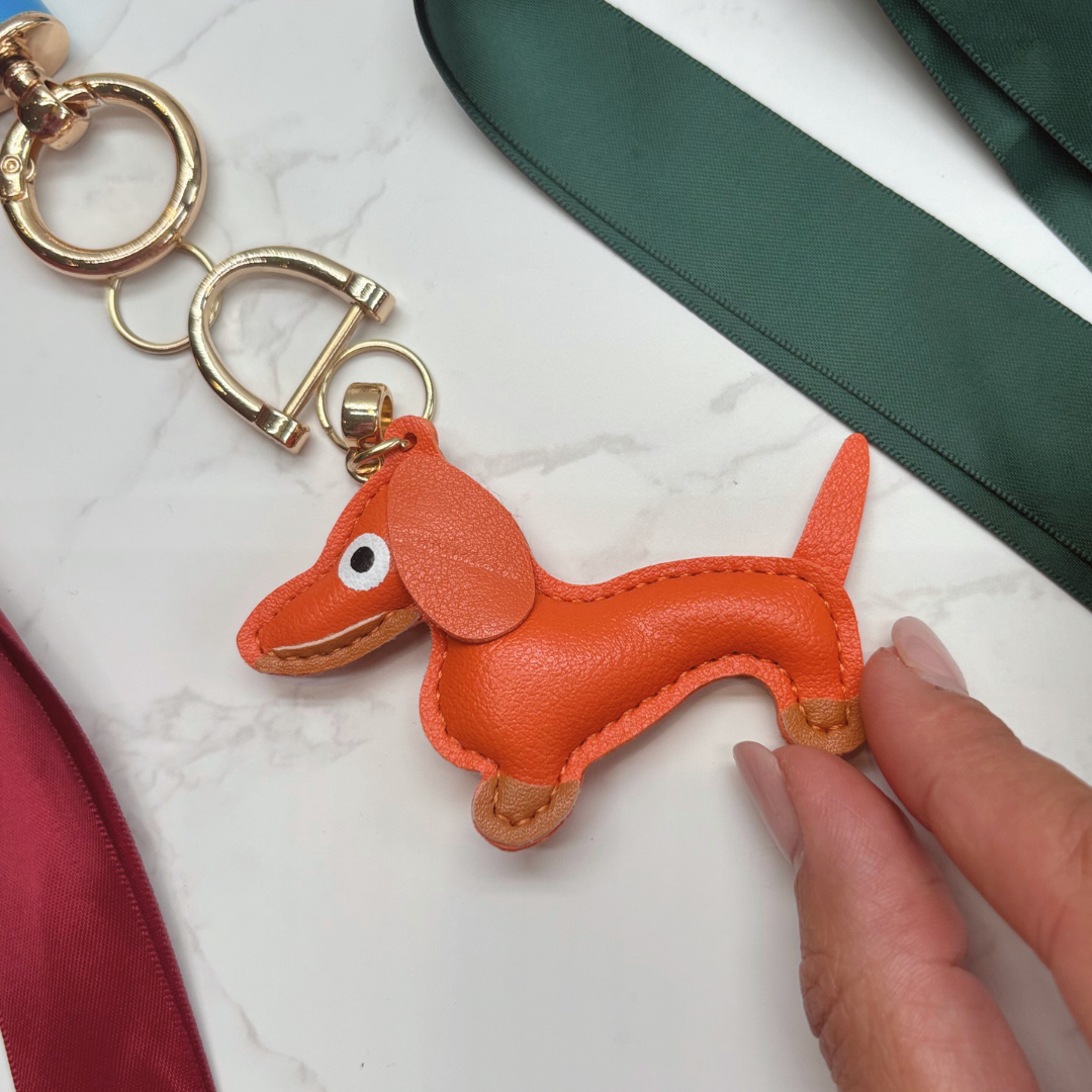 Tan &amp; Orange Dachshund Keyring with Blue Strap – Sausage Dog Lover Stocking Filler Gift