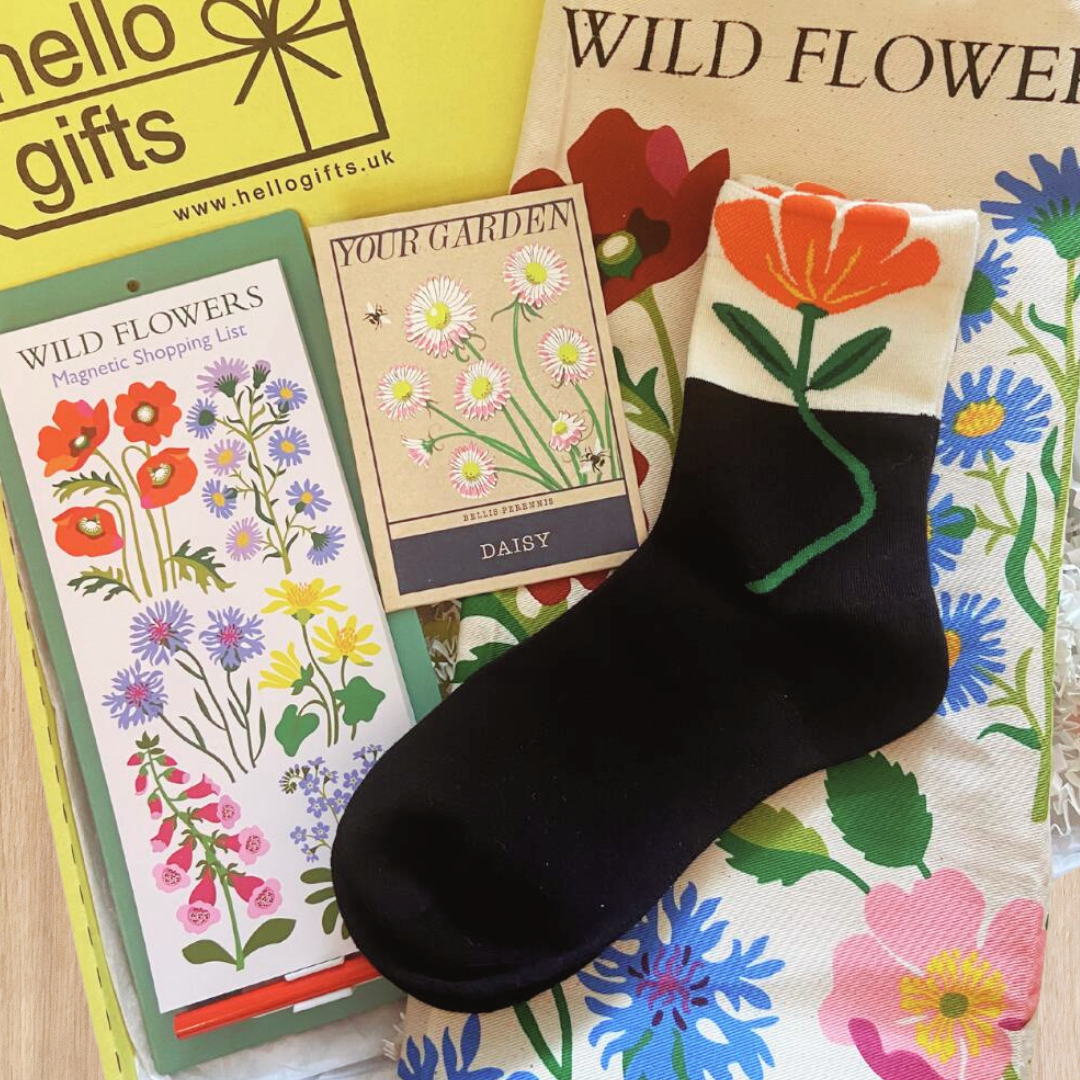 Gift for gardeners, wild flowers notebook, tea towel, planting seeds and flower socks.