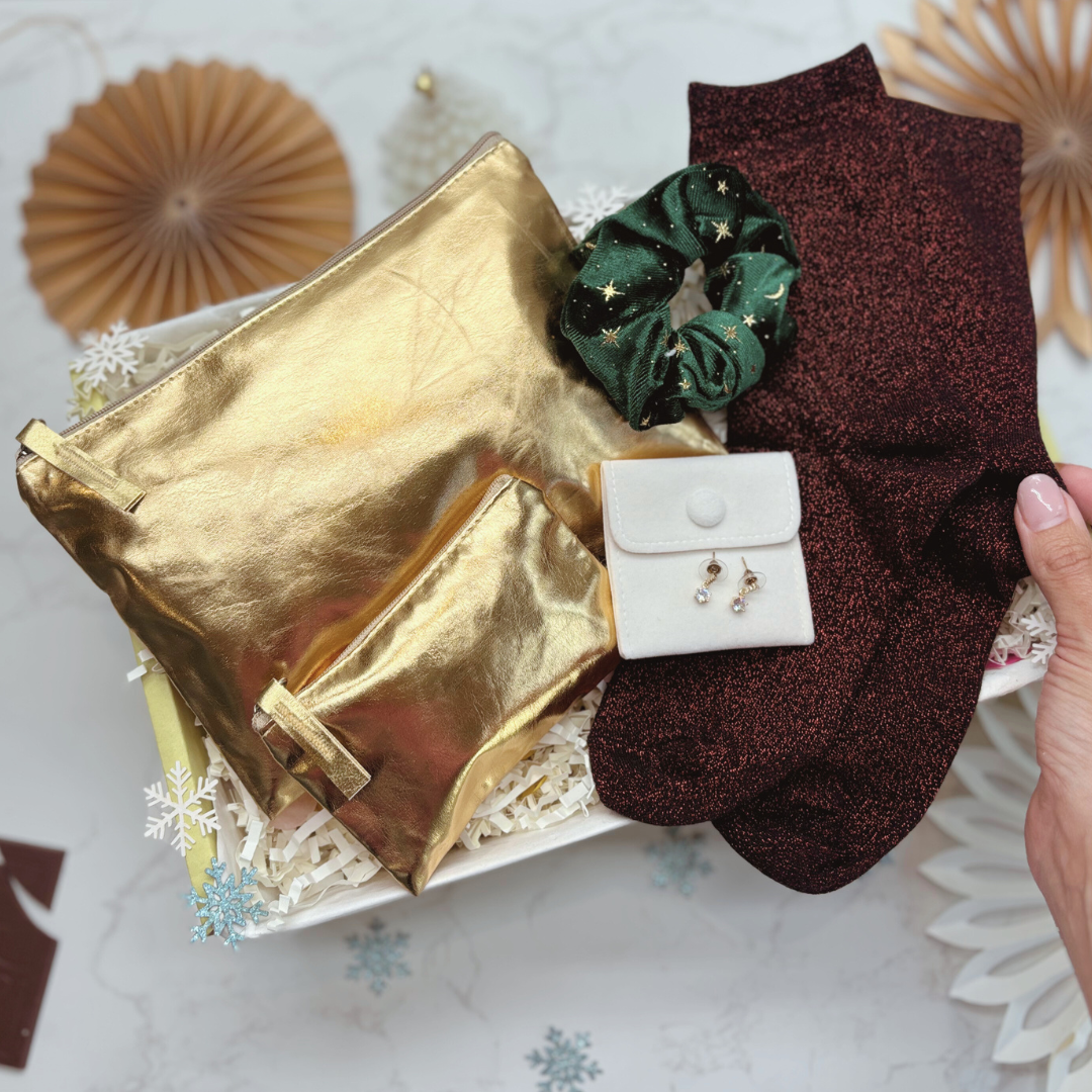 Christmas Party Ready Letterbox Gift – GOLD. Sparkle Socks, Earrings, Purses &amp; Festive Accessories for Her