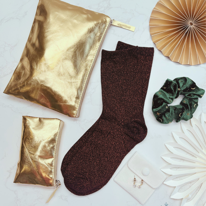 Christmas Party Ready Letterbox Gift – GOLD. Sparkle Socks, Earrings, Purses &amp; Festive Accessories for Her