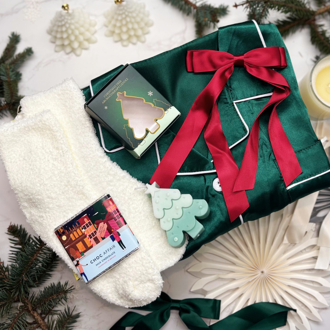 Festive Luxury Pyjama Gift Box – Satin Christmas PJs, Candle, Socks &amp; Accessories for Her - FESTIVE GREEN