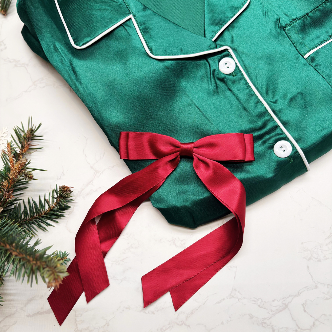 Festive Luxury Pyjama Gift Box – Satin Christmas PJs, Candle, Socks &amp; Accessories for Her - FESTIVE GREEN