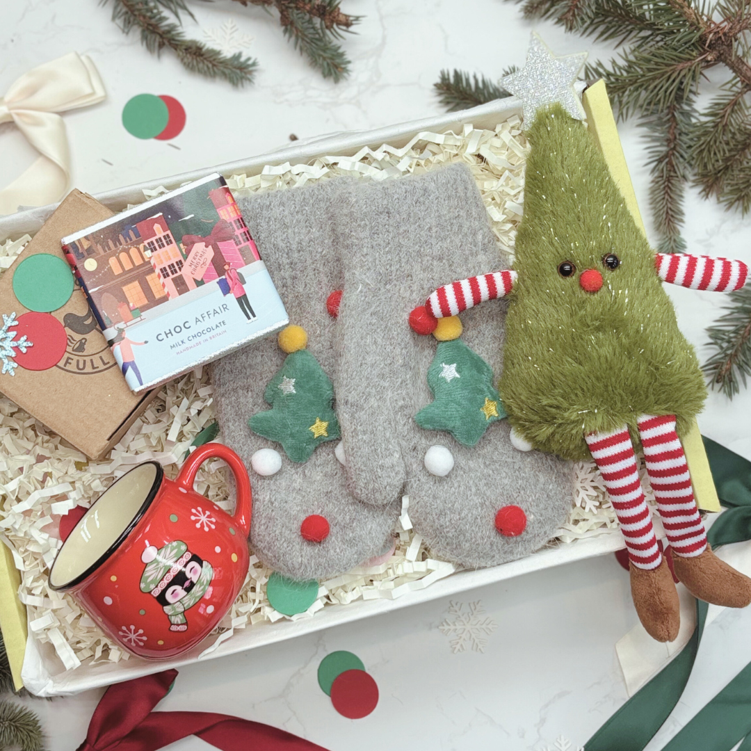 Kids Christmas Eve Gift Box – Mug, Gloves, Christmas Tree Decorative Soft Toy &amp; Chocolate RED