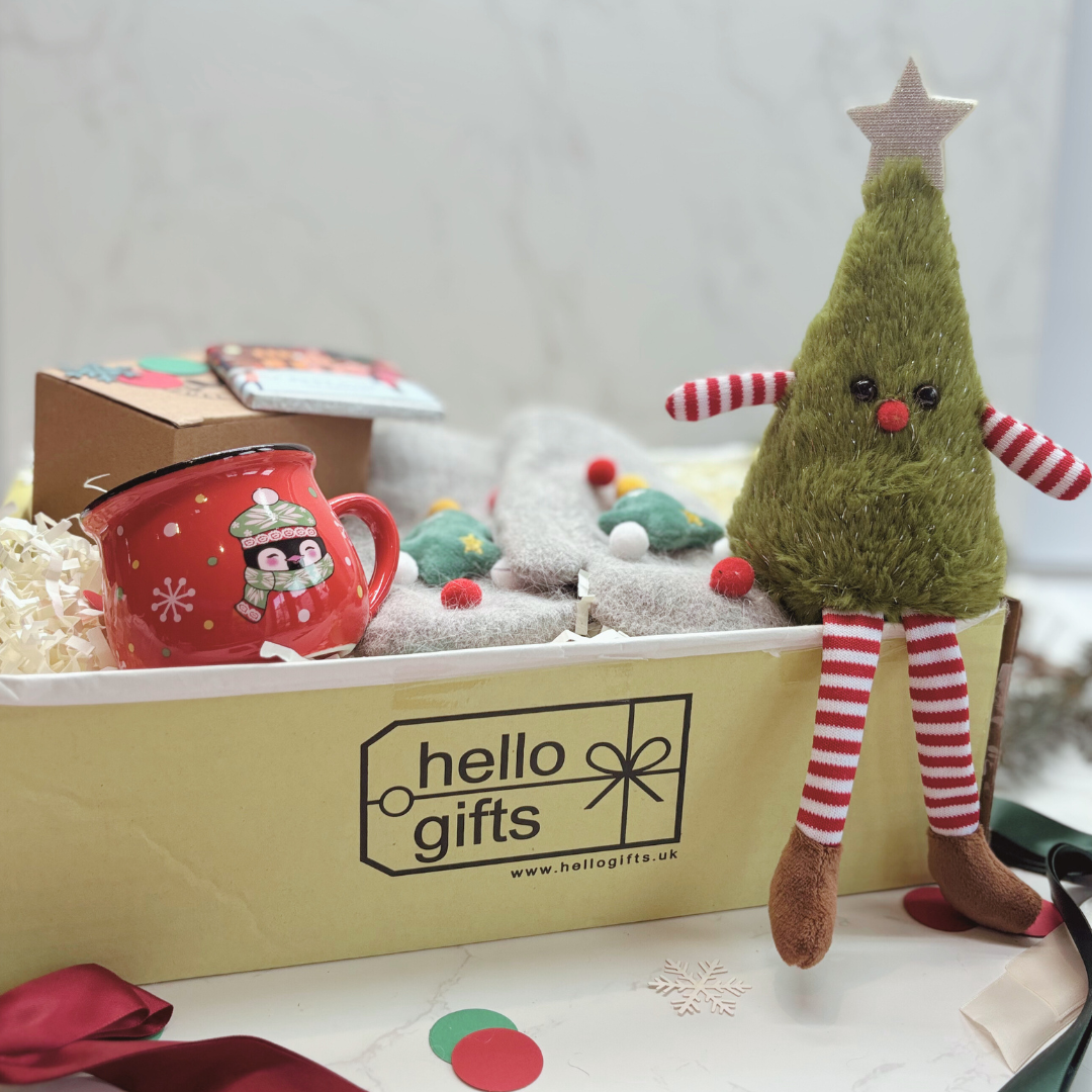 Kids Christmas Eve Gift Box – Mug, Gloves, Christmas Tree Decorative Soft Toy &amp; Chocolate RED