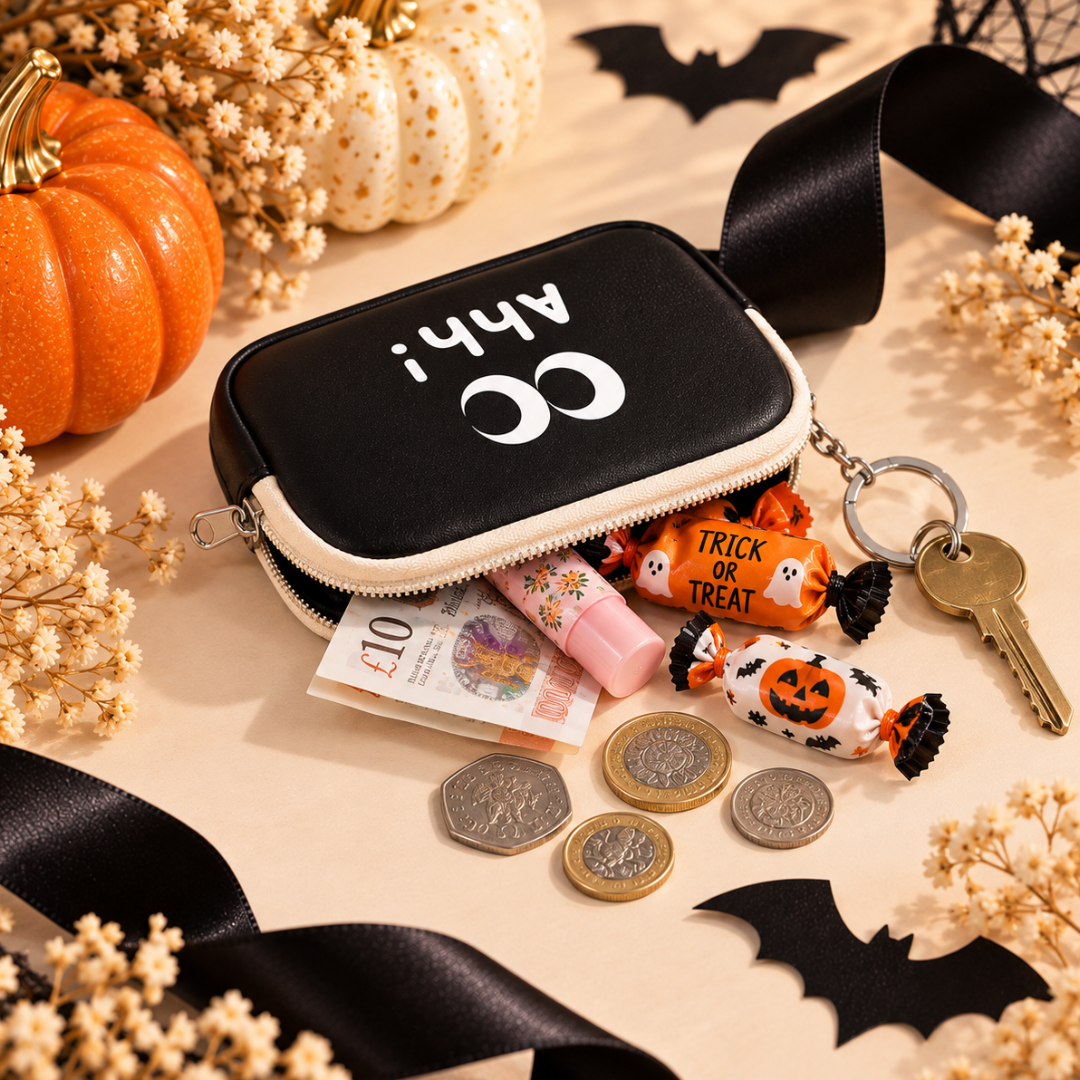 A black zippered coin purse with white text and eye graphics, shown open with contents including a 10-pound note, lip balm, candy, and keys. The purse is styled on a beige surface with Halloween props such as pumpkins, dried flowers, black ribbons, bat cutouts, and keys.