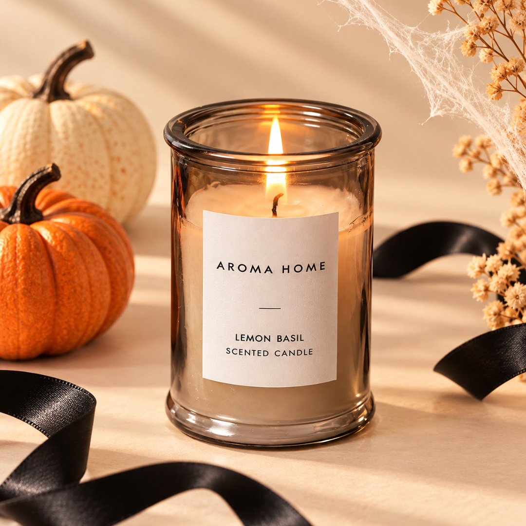 A lit scented candle in a smoky amber glass jar sits on a beige surface with a white label reading &
