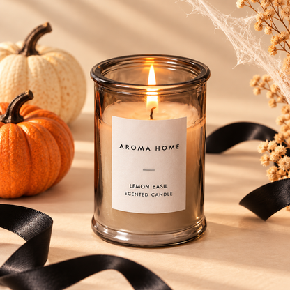 A lit scented candle in a smoky amber glass jar sits on a beige surface with a white label reading &