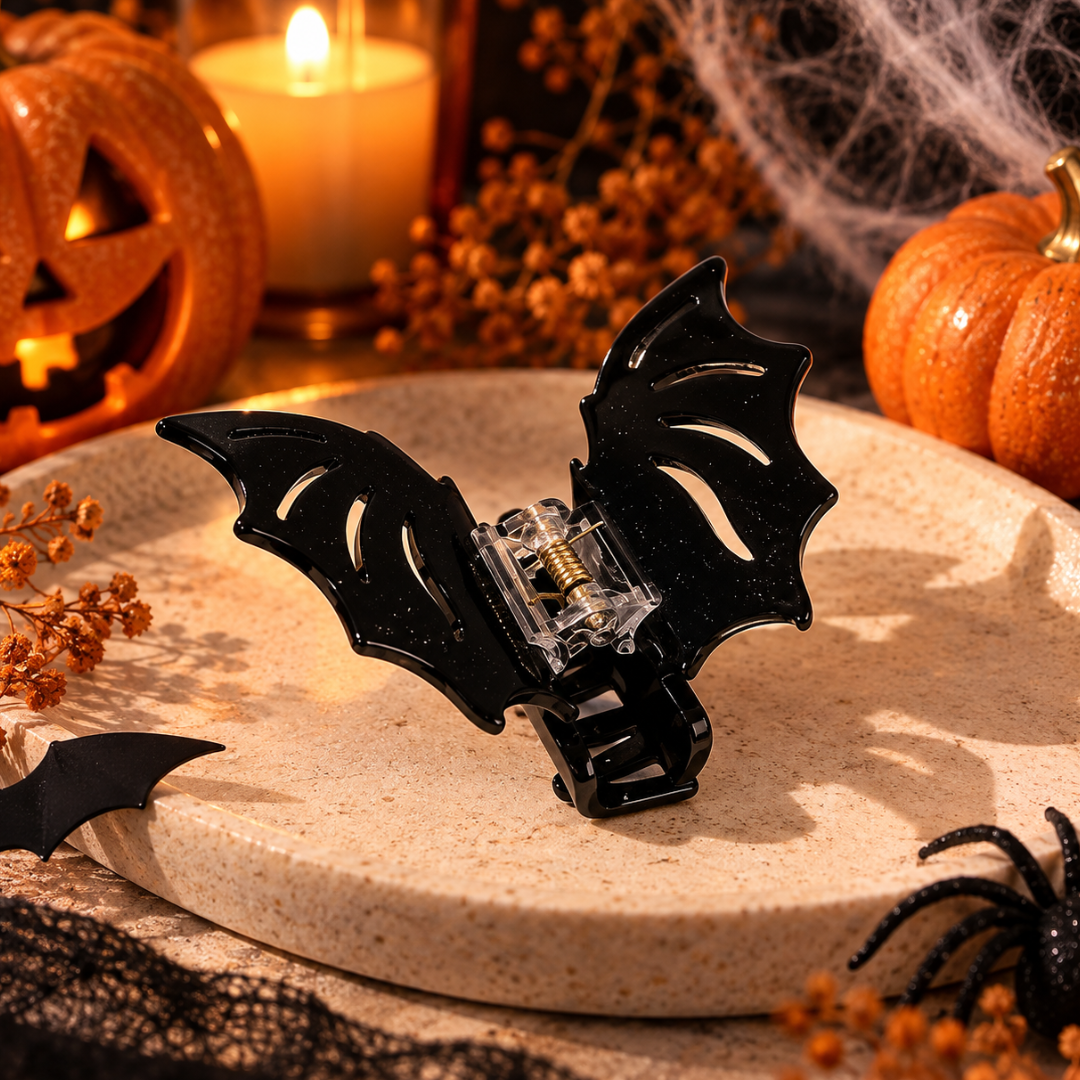 A black bat-wing hair claw clip with a clear plastic spring and gold metal hinge, displayed on a round stone plate with Halloween decorations including a lit candle, jack-o&