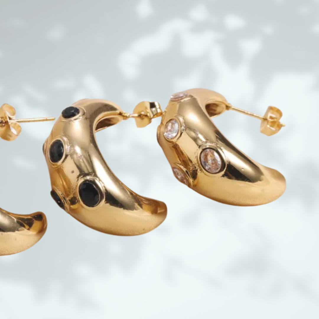 Gold Crescent Hoop Earrings (Black or Clear Gem)