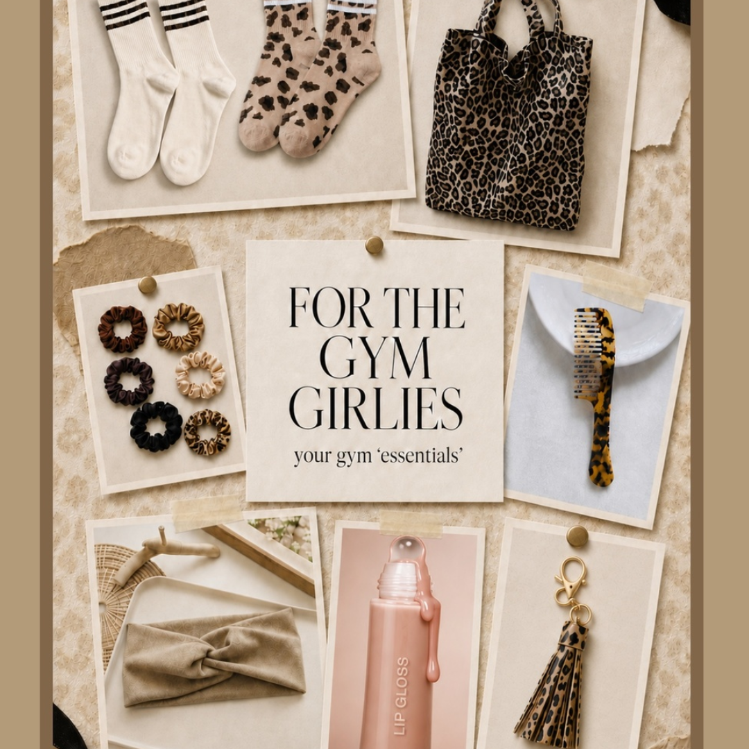 A styled collage of gym and wellness essentials pinned to a beige patterned board, with a central card reading &