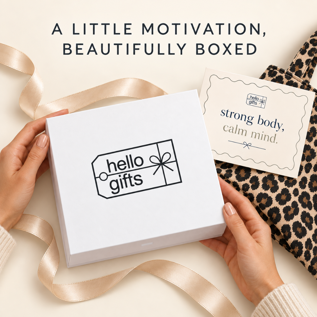 A white gift box with a black &