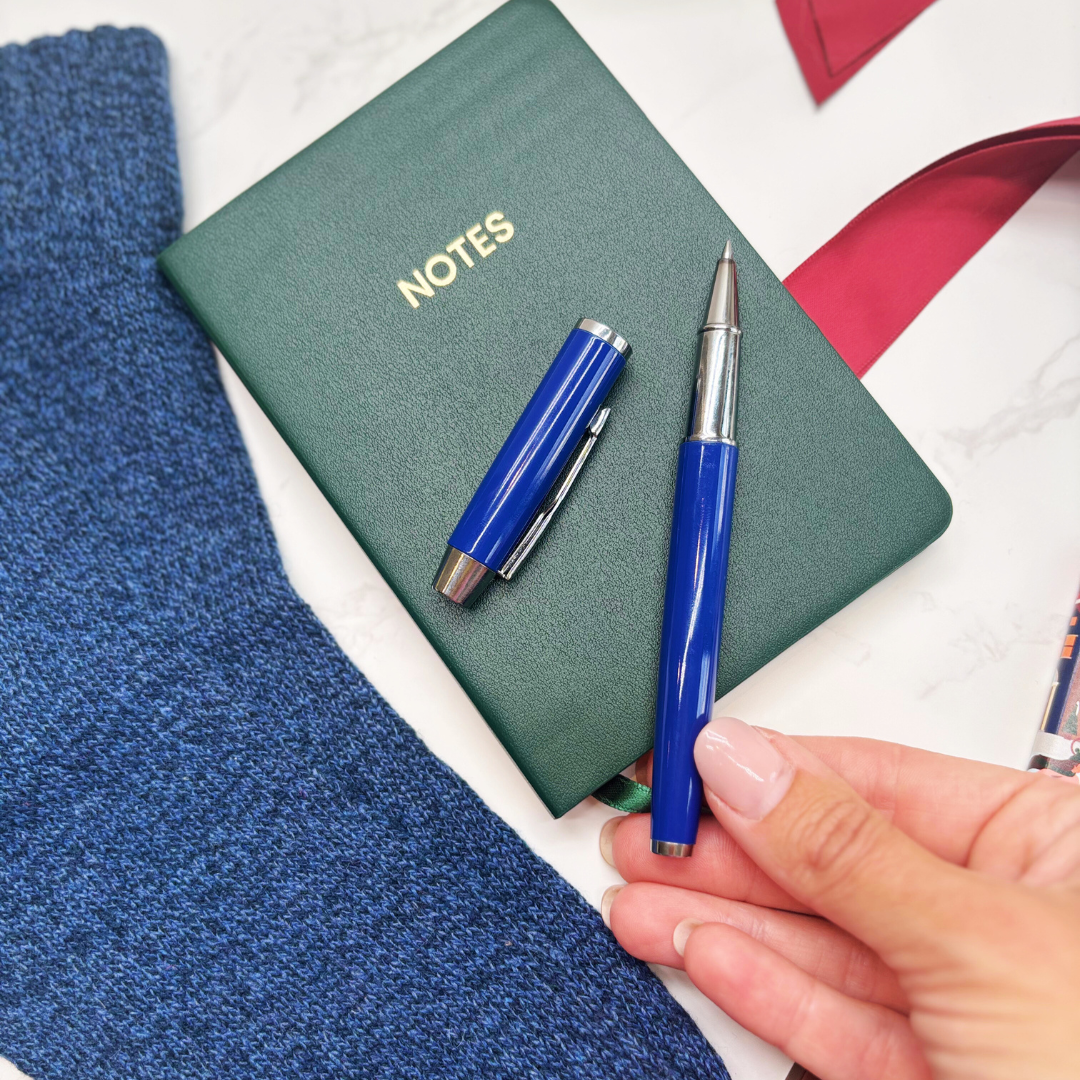 Men’s Luxury Christmas Letterbox Gift – Racing Green Notebook, Pen, Socks & Chocolate