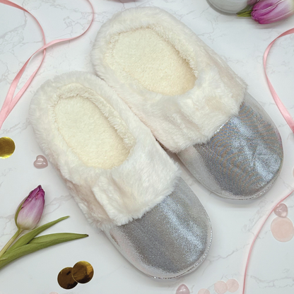 Fluffy Faux Fur Slippers For Her – Silver Sparkly Cosy Slippers