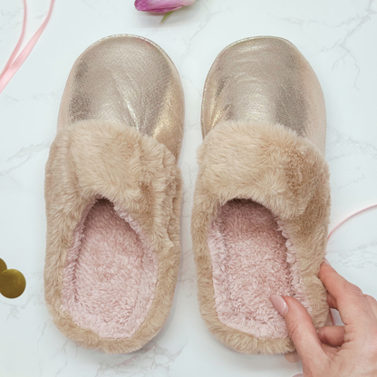 Fluffy Faux Fur Slippers For Her – Gold Sparkly Cosy Slippers