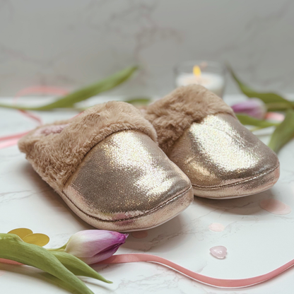 Fluffy Faux Fur Slippers For Her – Gold Sparkly Cosy Slippers