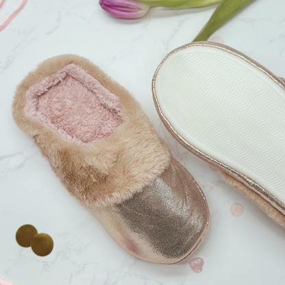 Fluffy Faux Fur Slippers For Her – Gold Sparkly Cosy Slippers