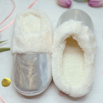 Fluffy Faux Fur Slippers For Her – Silver Sparkly Cosy Slippers