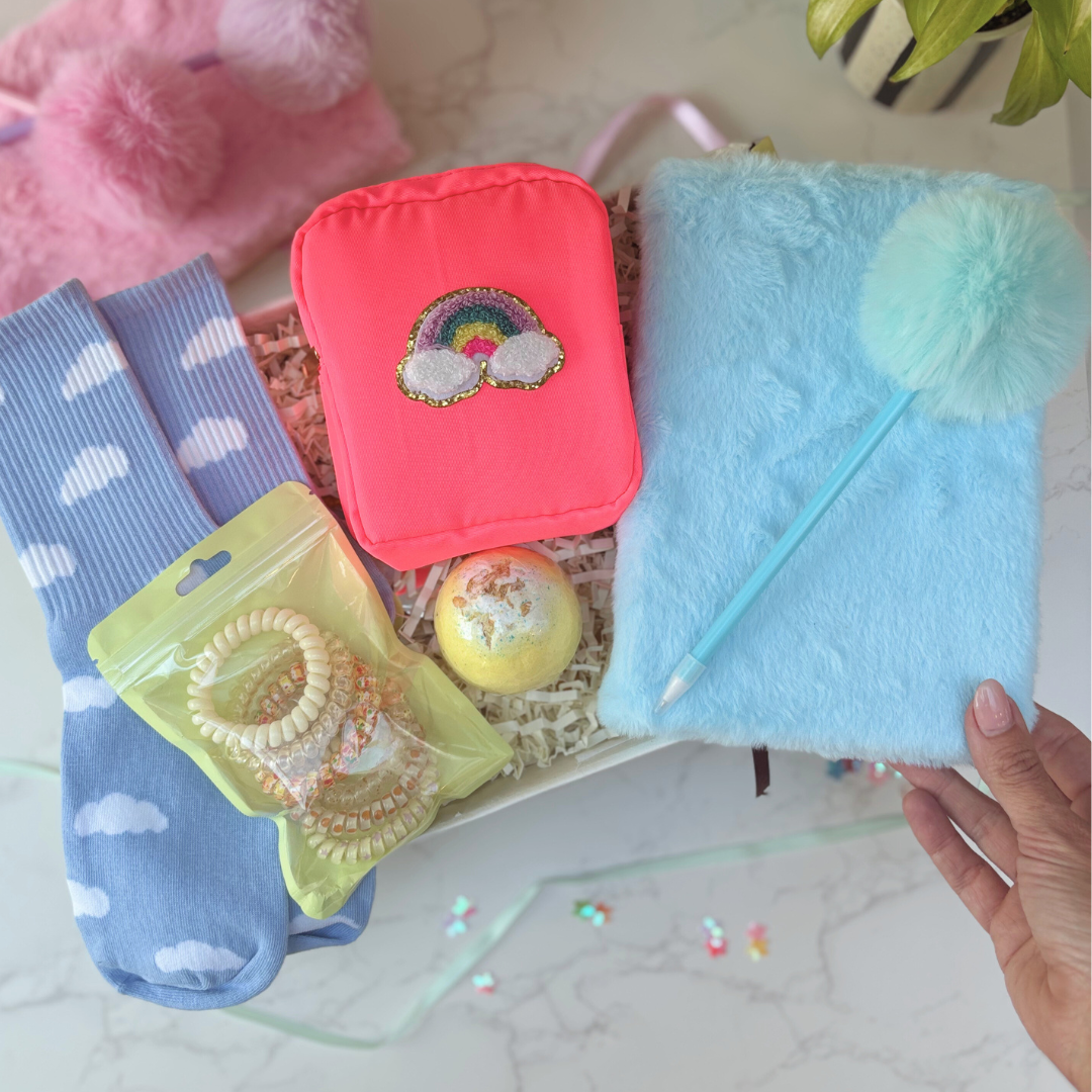 Gift Box For Girls – Fluffy Notebook And Self Care Treats – Blue Edition