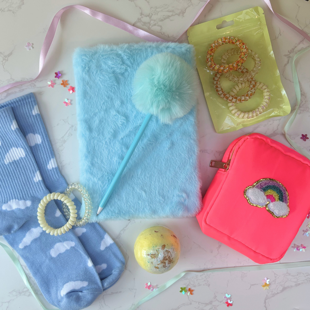 Gift Box For Girls – Fluffy Notebook And Self Care Treats – Blue Edition