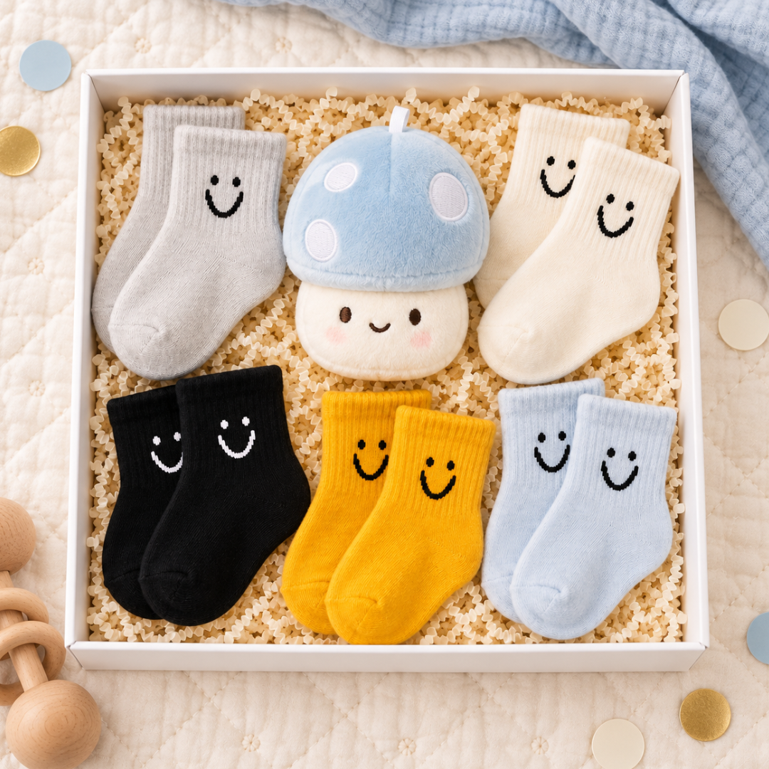 A gift box containing six pairs of baby socks in assorted colors, including gray, cream, black, yellow, and light blue, each with a black smiley face. A plush mushroom toy sits in the center on a bed of small star-shaped paper filler.