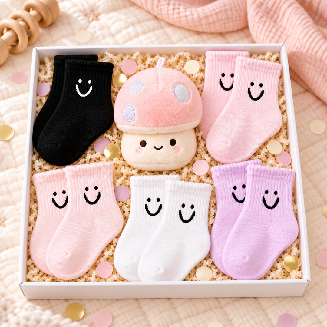 A gift box filled with six pairs of baby socks in black, pink, white, and purple, arranged around a plush pink mushroom toy on a soft beige quilted blanket with confetti.