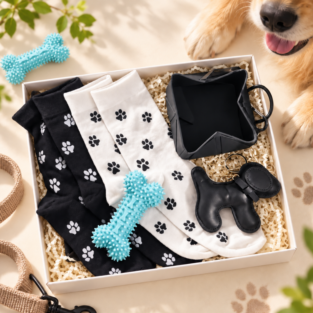 A dog-themed gift box set containing black and white paw-print socks, a black star-shaped bowl, a black dog-shaped accessory, and blue textured toys, arranged in a white box with wood shavings. A dog&