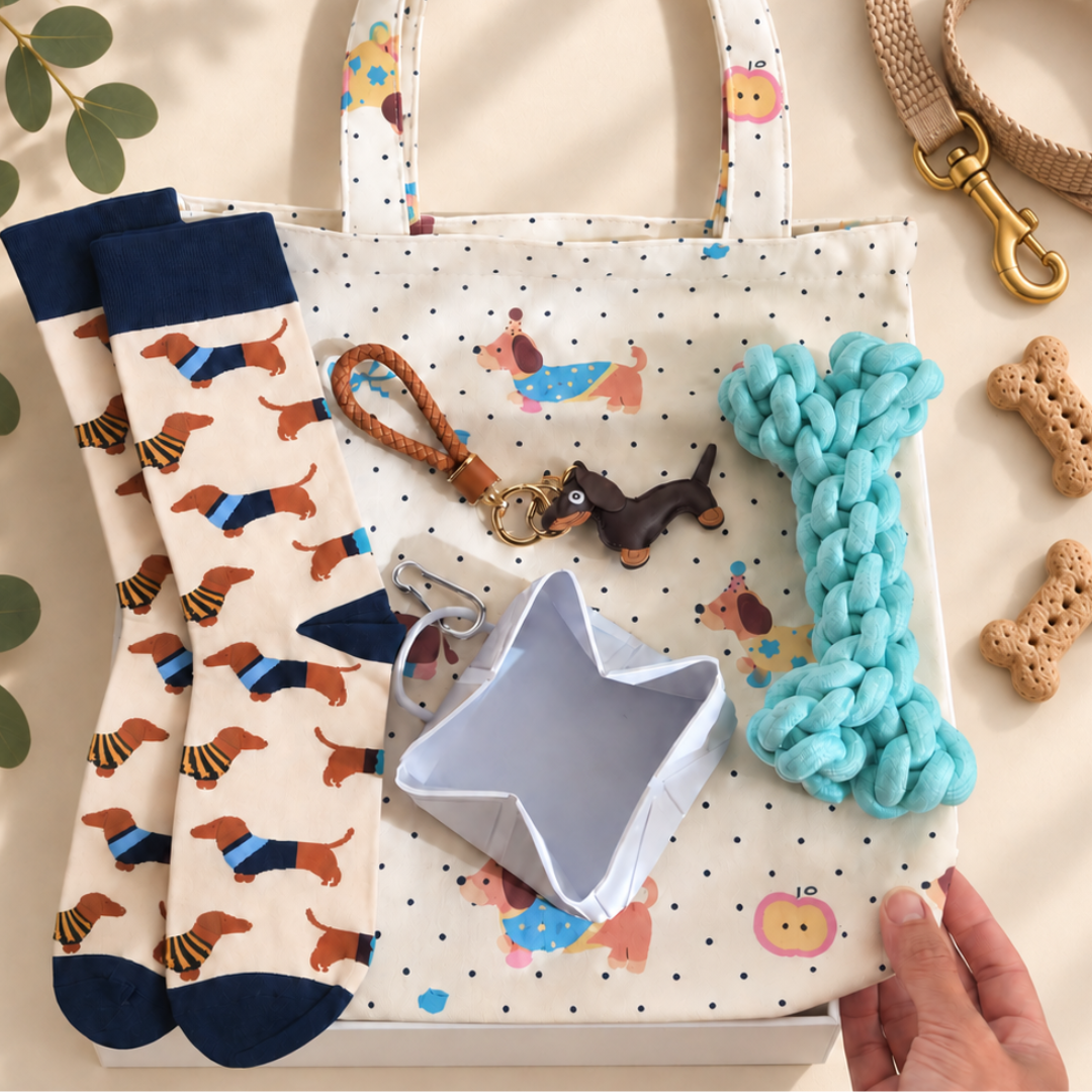 A dog-themed gift set arranged on a cream surface, featuring a tote bag with a dachshund print, patterned socks, a braided bone-shaped dog toy, a small dachshund keychain, a star-shaped container, and dog treats. A hand is holding the bottom right corner of the tote bag.