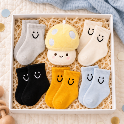 A baby sock gift set arranged in a white box with shredded paper filler. The set includes four pairs of socks in gray, cream, black, and mustard yellow, plus a plush mushroom toy with embroidered smiley faces.