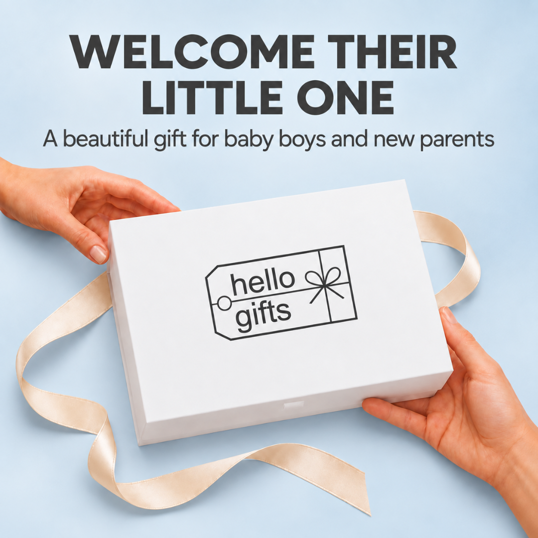 A white gift box with a black &