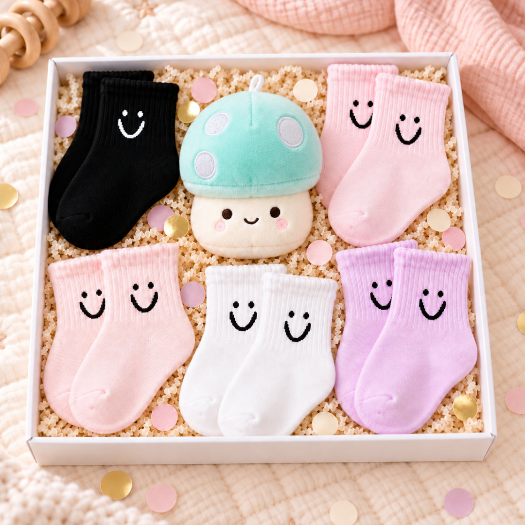 A gift box of baby socks arranged on a soft pink blanket with confetti. The set includes a black sock, a mint mushroom plush toy, four pastel pink socks, one white sock, and one lavender sock, all with embroidered smiley faces.