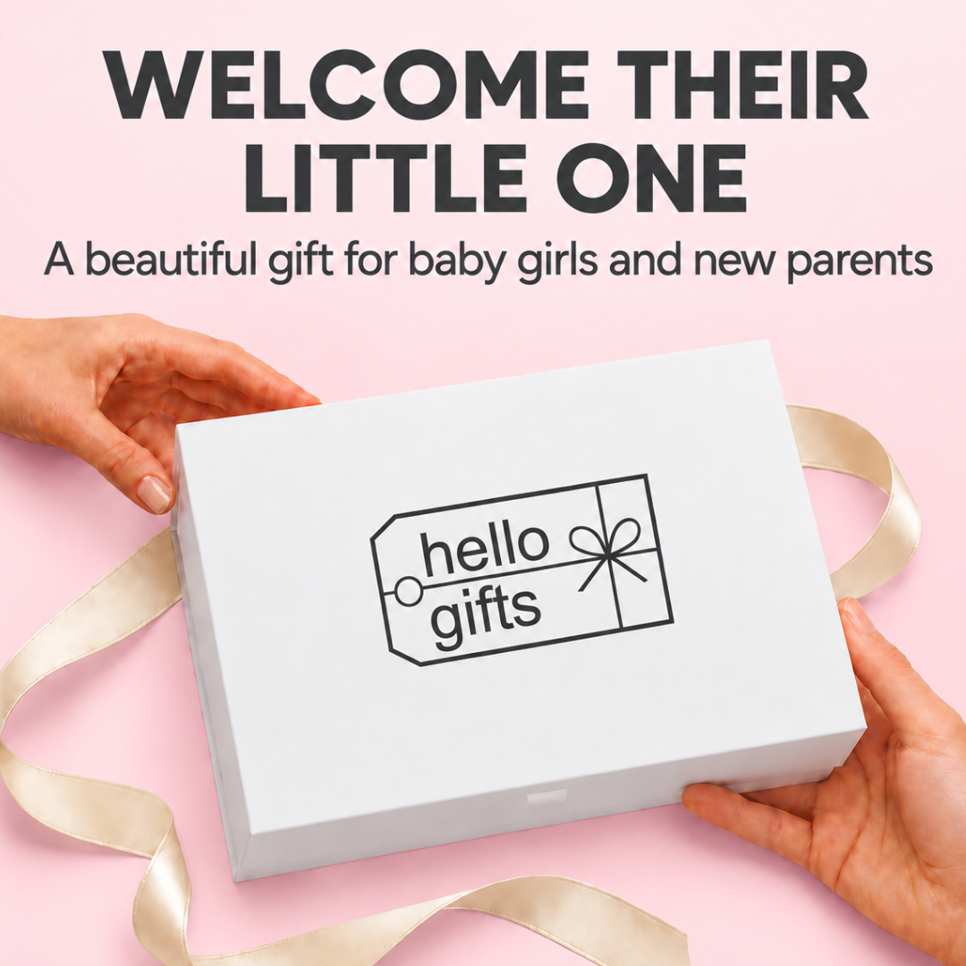 A white gift box with a black &
