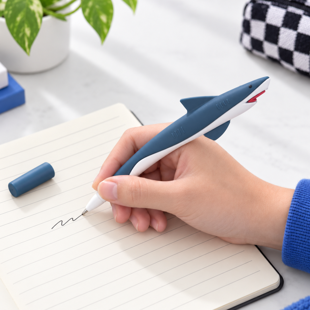 A hand holding a shark-shaped blue and white pen, writing in a lined notebook. The notebook cap is placed nearby on a light-colored desk with a plant and checkered fabric in the background.