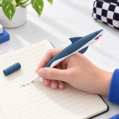 A hand holding a shark-shaped blue and white pen, writing in a lined notebook. The notebook cap is placed nearby on a light-colored desk with a plant and checkered fabric in the background.